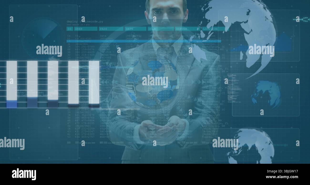 Uomo d'affari con tuta grigia nel data hub, con globo olografico e sovrapposizioni di dati Foto Stock