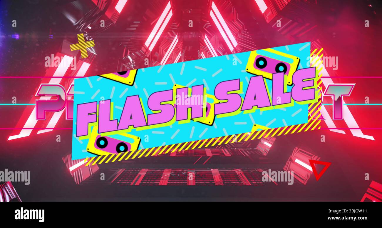 Visualizzazione di striscioni ciano per la vendita di flash rotanti nel tunnel al neon, con strisce di pericolo e icone di cassette Foto Stock