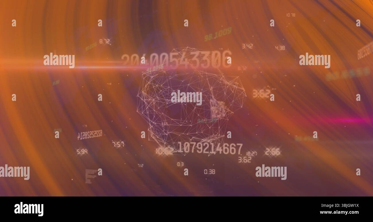 Cluster di rete wireframe fluttuante nello spazio astratto virtuale, con dati numerici e segnali luminosi Foto Stock
