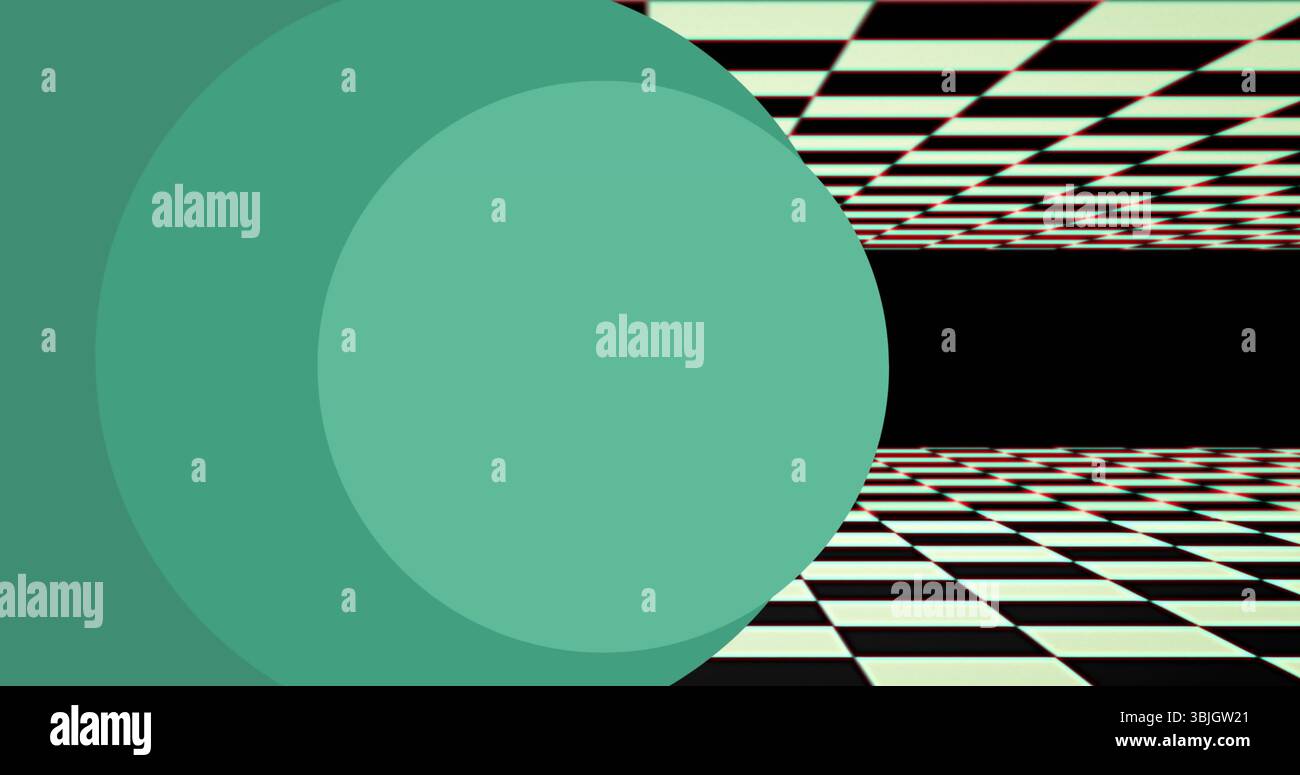 Cerchio verde menta galleggiante che si sovrappone alla forma verde più scura sul lato sinistro, con corridoio scacchiera Foto Stock