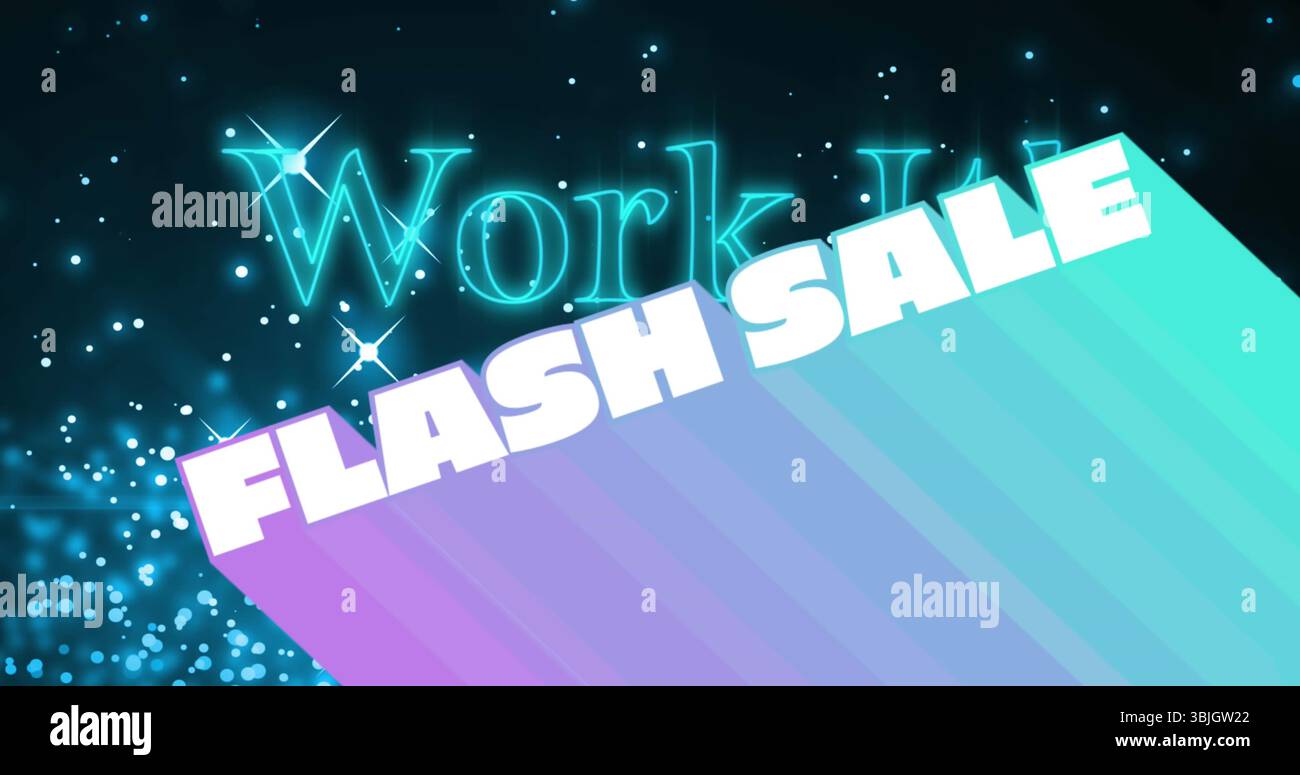 Visualizzazione di striscioni a gradiente diagonale con colori variabili in annunci, testo in grassetto in VENDITA e lavori al neon Foto Stock