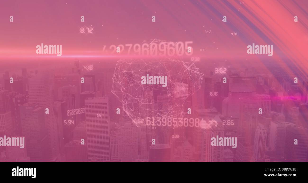 Visualizzazione della testa a reticolo 3D su uno skyline urbano di colore rosa, con letture numeriche e luci soffuse Foto Stock