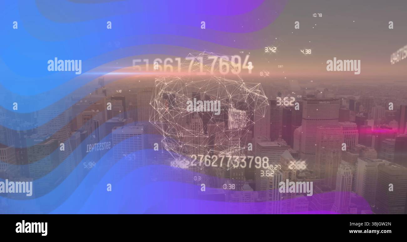 Rete cerebrale a reticolo 3D che galleggia sulla città con etichette dati, nodi mesh e sovrapposizioni traslucide Foto Stock