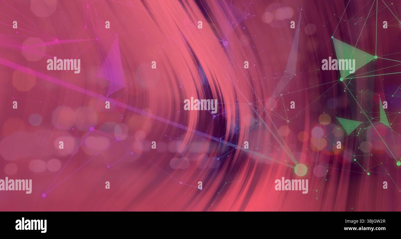 Visualizzazione di un modello di onda digitale astratto che ruota sullo sfondo della rete virtuale, con nodi luminosi Foto Stock