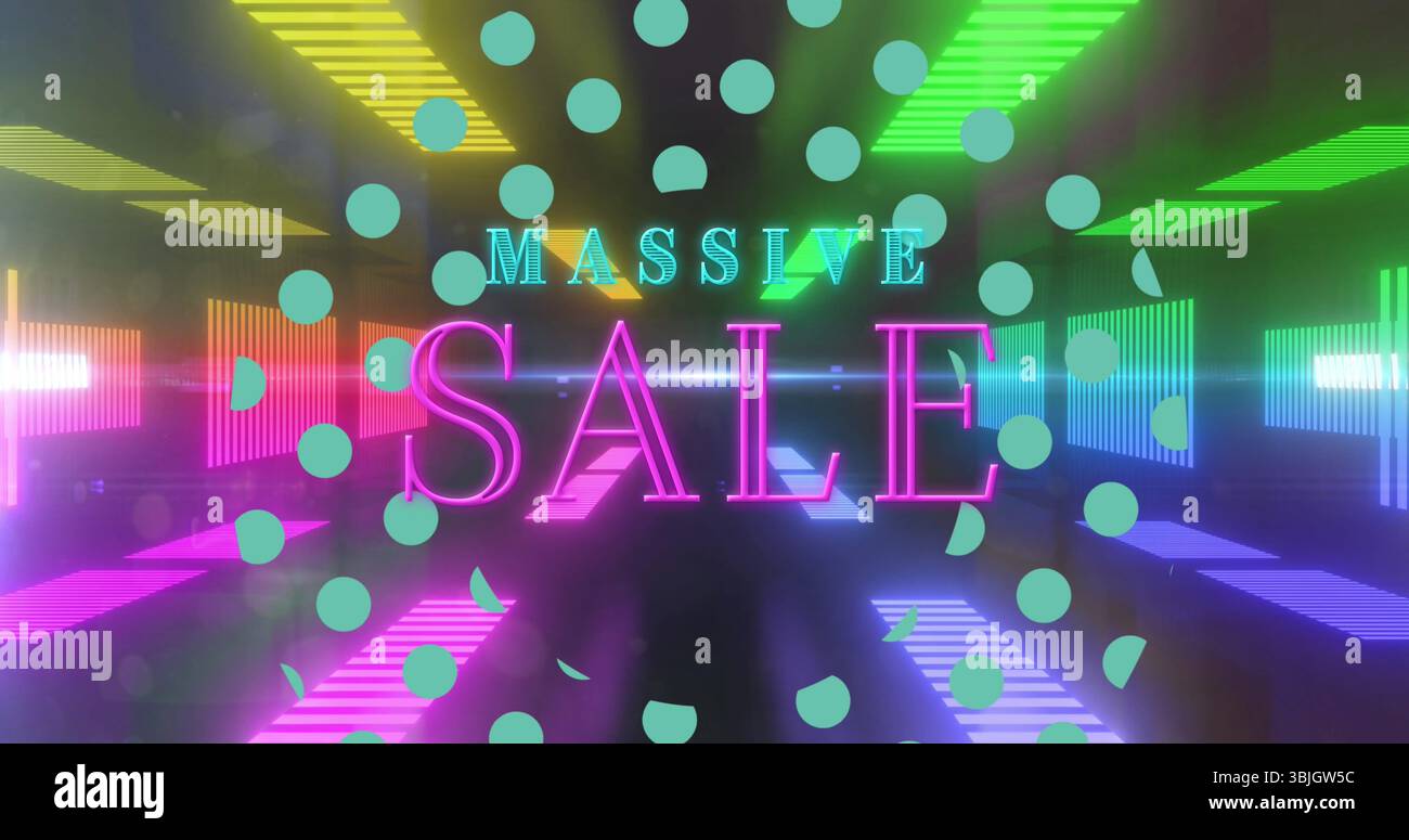 GRANDE testo DI VENDITA al neon luminoso in un futuristico display con punti coriandoli e barre luminose multicolore Foto Stock