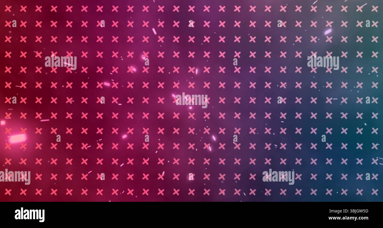 Griglia di copertura uniforme con simboli X illuminanti nelle scenografie digitali, con macchie deboli Foto Stock