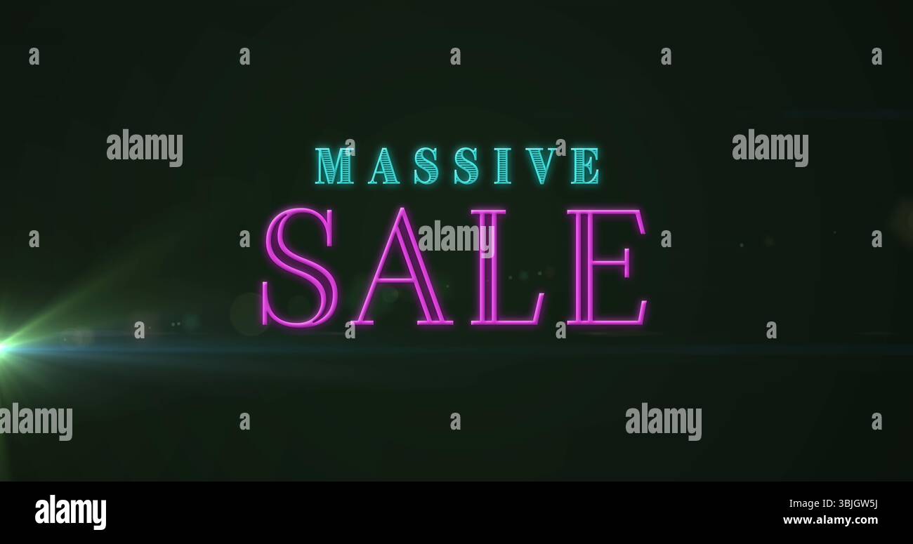 Brillante testo al neon di VENDITA che risplende su display elettronico scuro, con effetto riflesso della lente verde Foto Stock