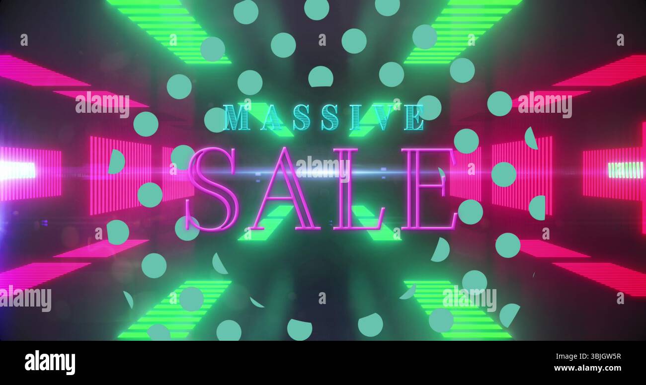 Insegna di VENDITA al neon che si illumina nel tunnel digitale scuro, con barre luminose in streaming e cerchi verdi Foto Stock
