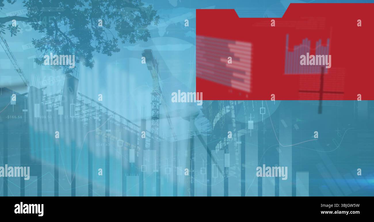 Fusione di grafici a barre e candele con gru da cantiere, rami di alberi e sovrapposizioni rosse Foto Stock