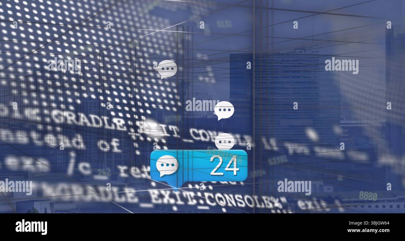 Bolla di notifica della chat che galleggia sullo skyline della città con il numero 24, con bolle bianche Foto Stock