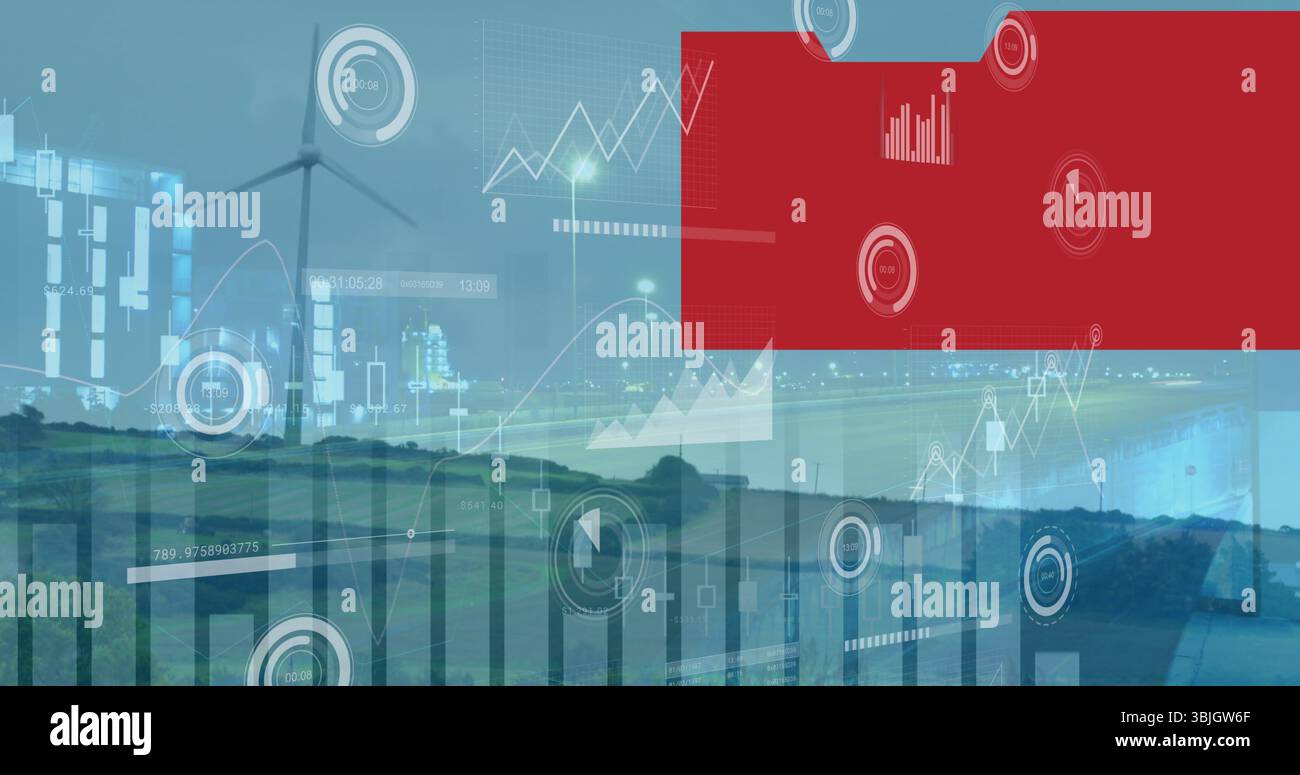 Visualizzazione di dashboard sovrapposte alle turbine eoliche nel parco eolico, con grafici, letture HUD, pannello UI rosso Foto Stock