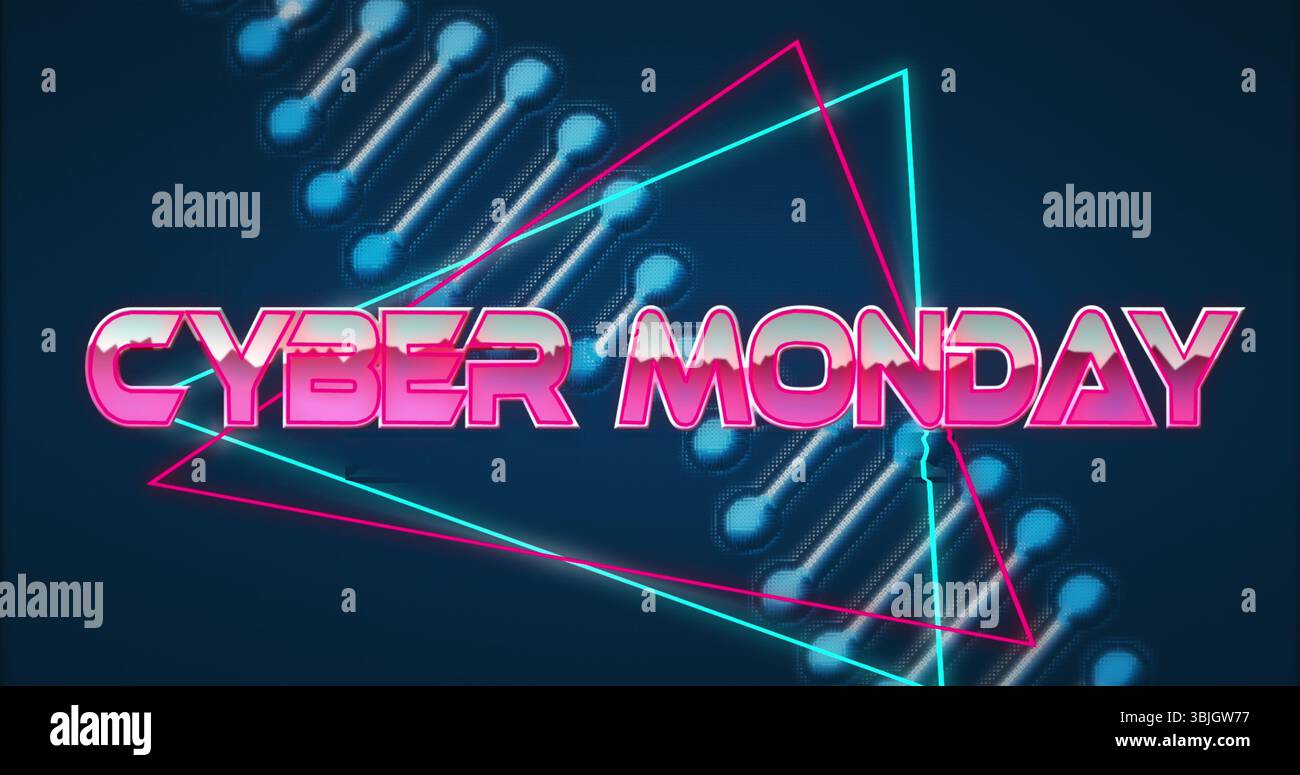 Il testo DEL CYBER MONDAY si illumina sul poster digitale, con triangoli rosa e azzurri e nodi di circuito blu Foto Stock