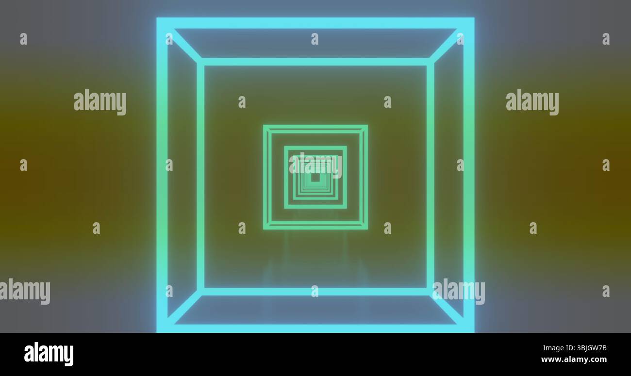 Visualizzazione di cornici quadrate al neon brillanti che formano un tunnel nello spazio virtuale, con banda gialla Foto Stock