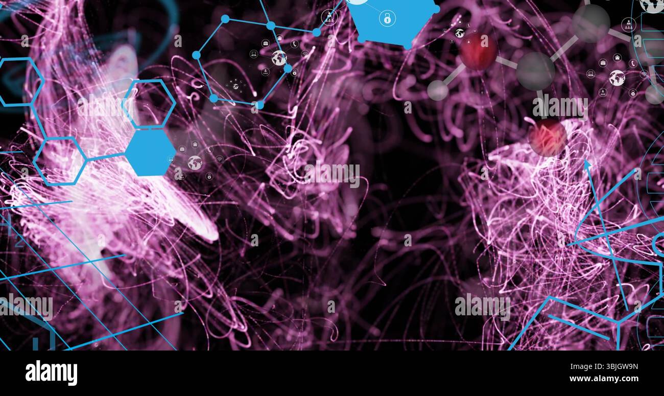 Visualizzazione di una rete digitale astratta con filamenti viola, esagoni blu, lucchetto e icone a globo Foto Stock