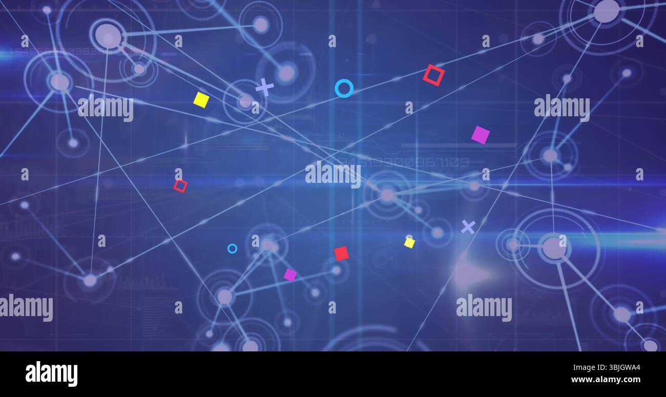 Visualizzazione di nodi luminosi che collegano linee bianche, forme colorate, riflessi lente nella rete dati virtuale Foto Stock