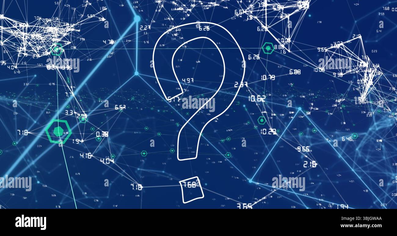 Visualizzazione di un punto interrogativo bianco in rete con linee che collegano nodi, numeri ed esagoni verdi Foto Stock