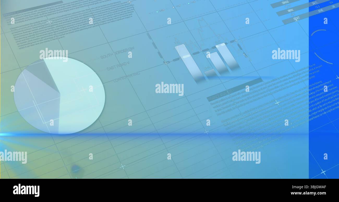Dashboard di rendering su sfondo verde acqua: Grafico a torta, barre 3D, frammenti, linee griglia, spazio di copia Foto Stock
