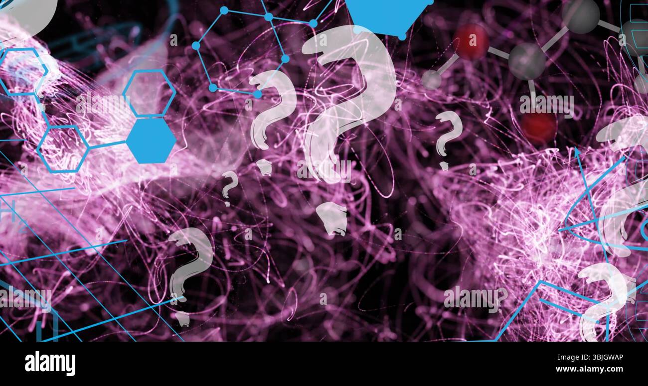 Vorticose tracce magenta che creano una rete digitale, con punti interrogativi bianchi sbiaditi nodi esagonali blu Foto Stock