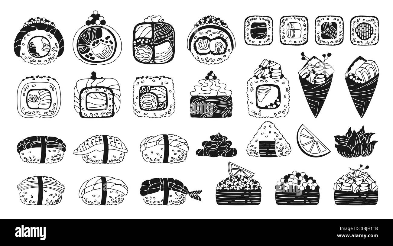 Set doodle bianco e nero per sushi. Cucina tradizionale asiatica giapponese, grande set lineare. Diversi piatti di pesce sushi Philadelphia, piatti California nigiri sashimi vettoriali per menu orientale Cafe Bar ristorante Illustrazione Vettoriale