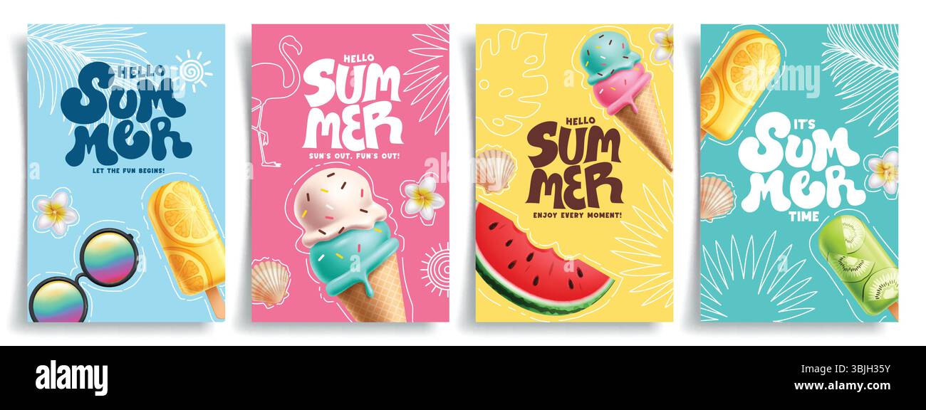 Set poster clipart per l'estate. Saluto estivo con gelati e anguria tropicale in una clip art colorata Illustrazione Vettoriale