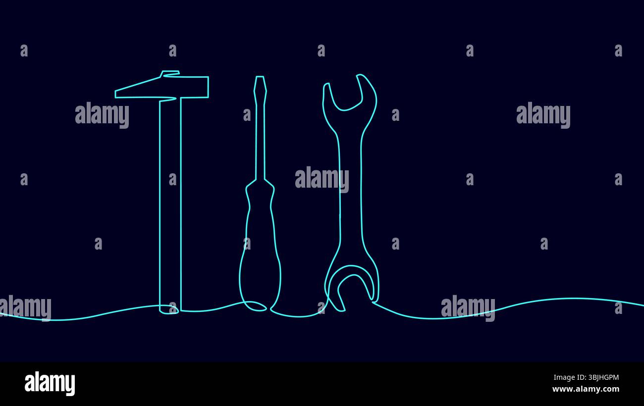 Illustrazione degli strumenti a una riga. Servizio di costruzione di riparazioni di strumenti con linee continue. Manuale di manutenzione industriale per avvitatore a martello. Buio Illustrazione Vettoriale