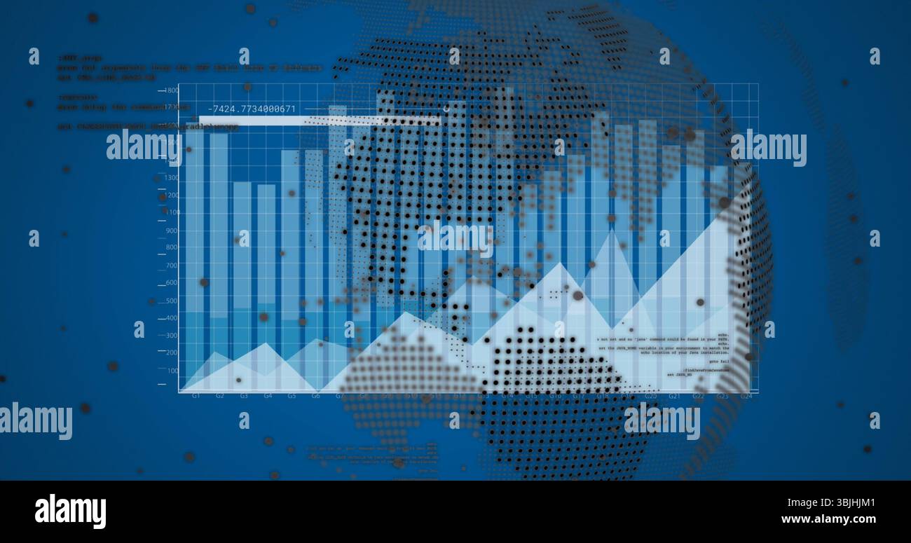 Visualizzazione dei dati su dashboard blu, con globo punteggiato, punti dati ed etichette degli assi Foto Stock