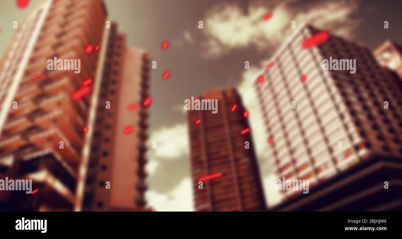 Mostra un gruppo di tre grattacieli che si innalzano nel canyon della strada del centro, con particelle rosse brillanti Foto Stock