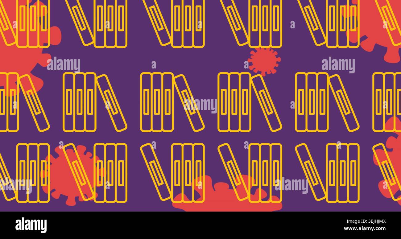 Visualizzazione di icone di libri con contorni gialli su un modello digitale viola, con forme rosse simili a virus Foto Stock