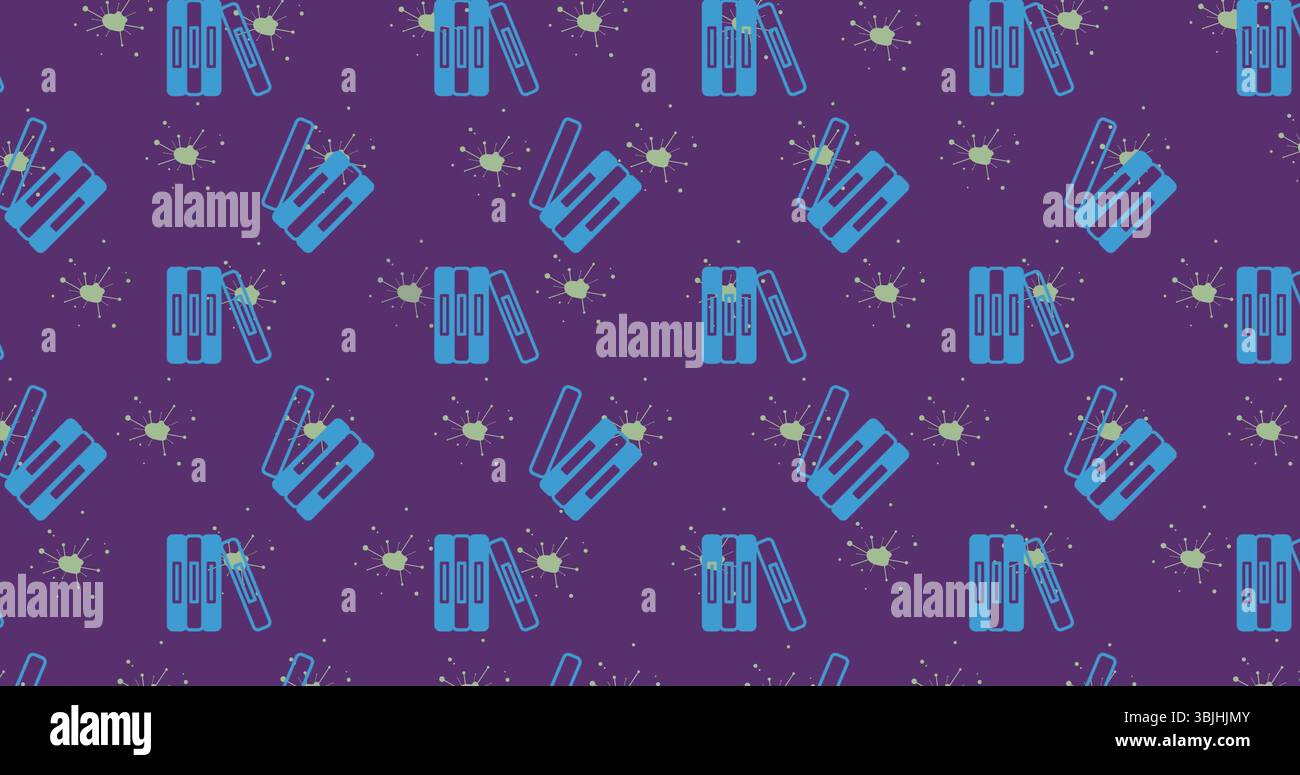 Schema di visualizzazione con icone blu dei server rack e simboli verdi dei virus su sfondo viola Foto Stock