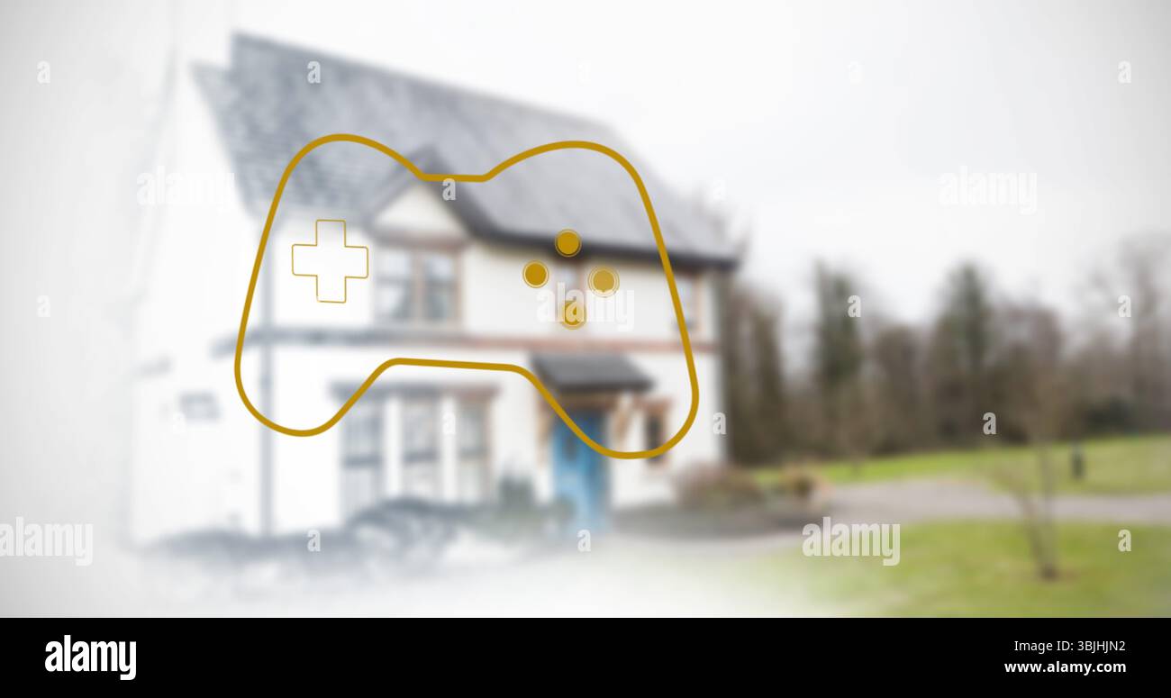 Mostra il profilo del controller di gioco in oro stilizzato che copre la casa con prato, passerella curva e alberi Foto Stock