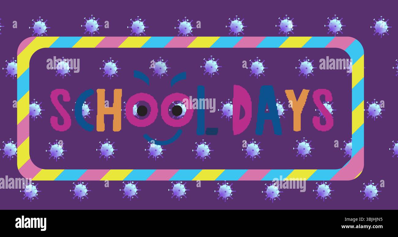 Visualizzazione grafica School Days in aumento su sfondo viola profondo, con cornice striata e icone di virus Foto Stock