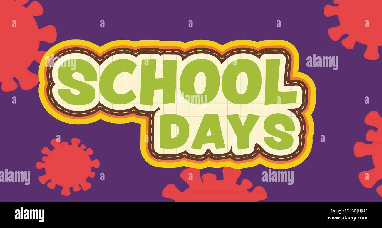 Visualizzazione di testo stilizzato ortografia GIORNI SCOLASTICI su sfondo viola, con icone di virus rosse sparse Foto Stock
