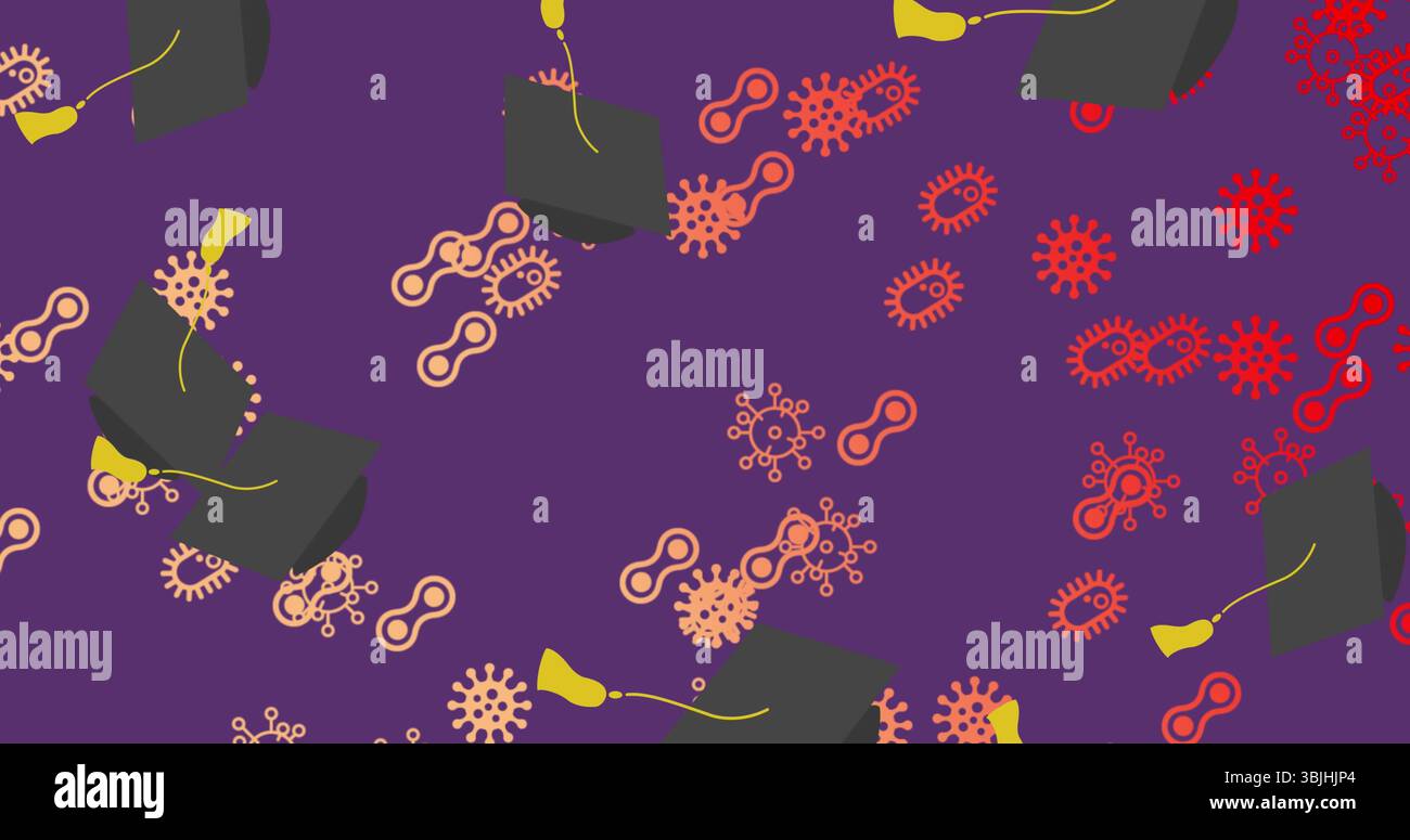 Modello di visualizzazione su tela viola con cappucci graduati, nappine gialle e icone rosse del virus dei coralli Foto Stock