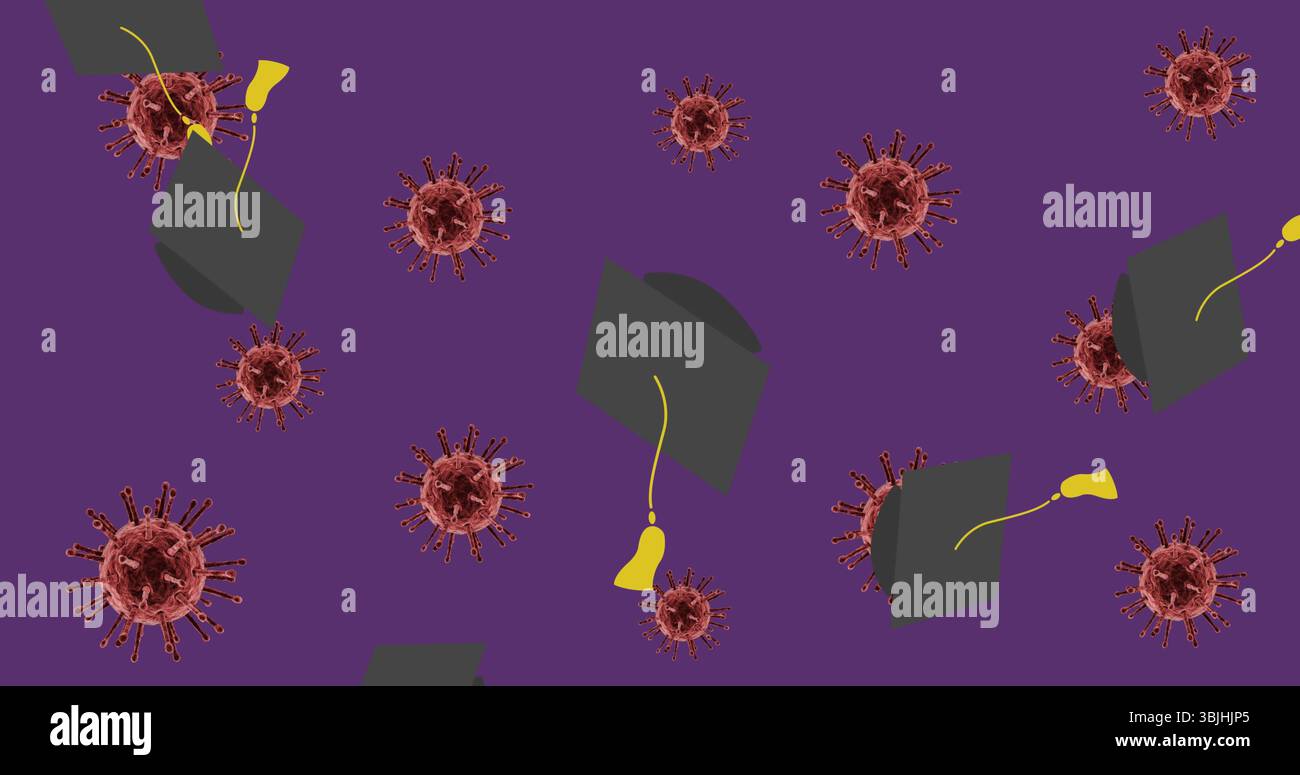 Visualizzazione campo viola con modelli virus rossi e tappi graduati grigi con nappine gialle Foto Stock