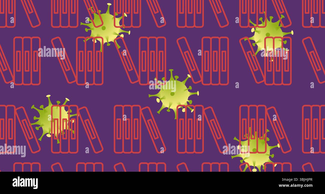 Con icone di libro rosso raggruppate in tre su sfondo viola piatto, con forme virali verdi brillanti Foto Stock