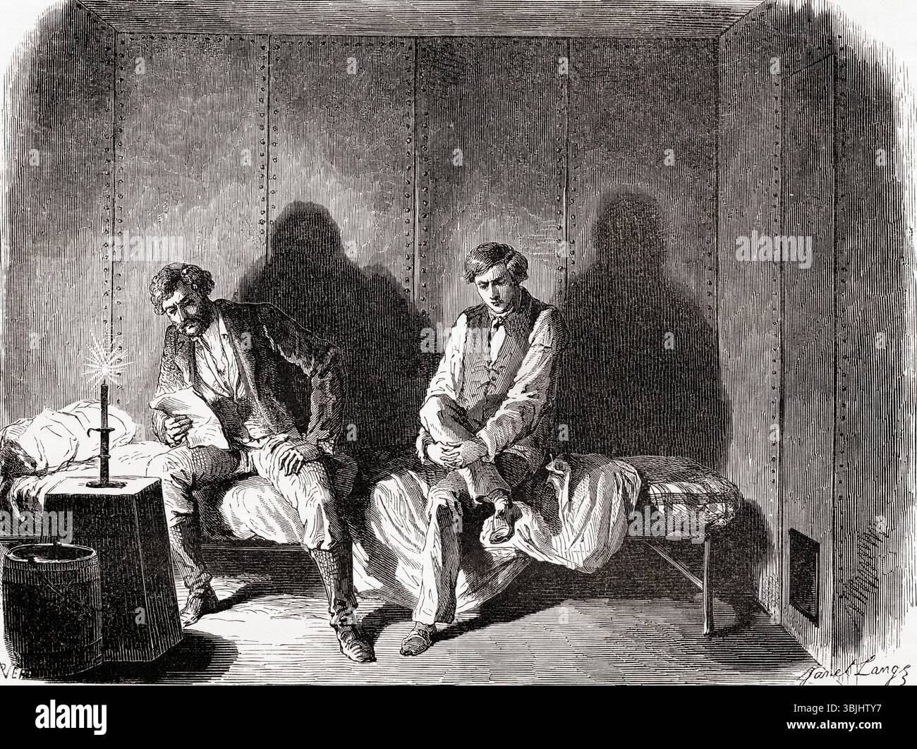 Il dottor John Doy e suo figlio, Charles, in prigione per aver liberato 13 schiavi e aver tentato di portarli a nord in Nebraska, nel 1859. John Doy, abolizionista e membro degli Immortal Ten, un gruppo di abolizionisti militanti e liberali nel territorio del Kansas. Da Adventures of an Abolitionist from Kansas in Missouri, di Doctor John Doy, 1855. Apparso in le Tour du Monde, pubblicato nel 1862. Foto Stock