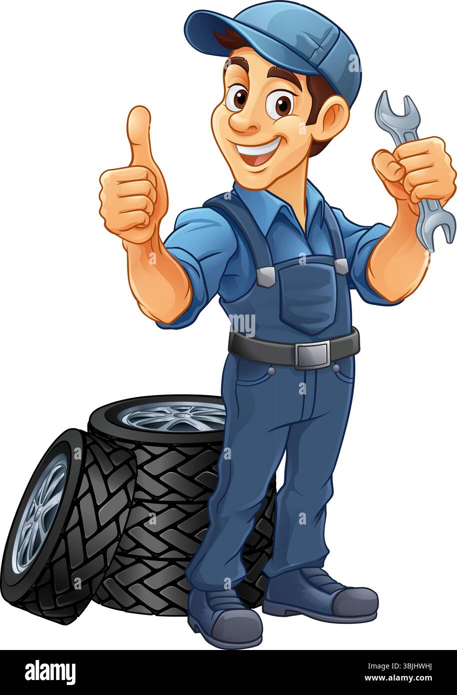 Pneumatico pneumatico meccanico per l'assistenza auto Mascotte Cartoon Man Illustrazione Vettoriale