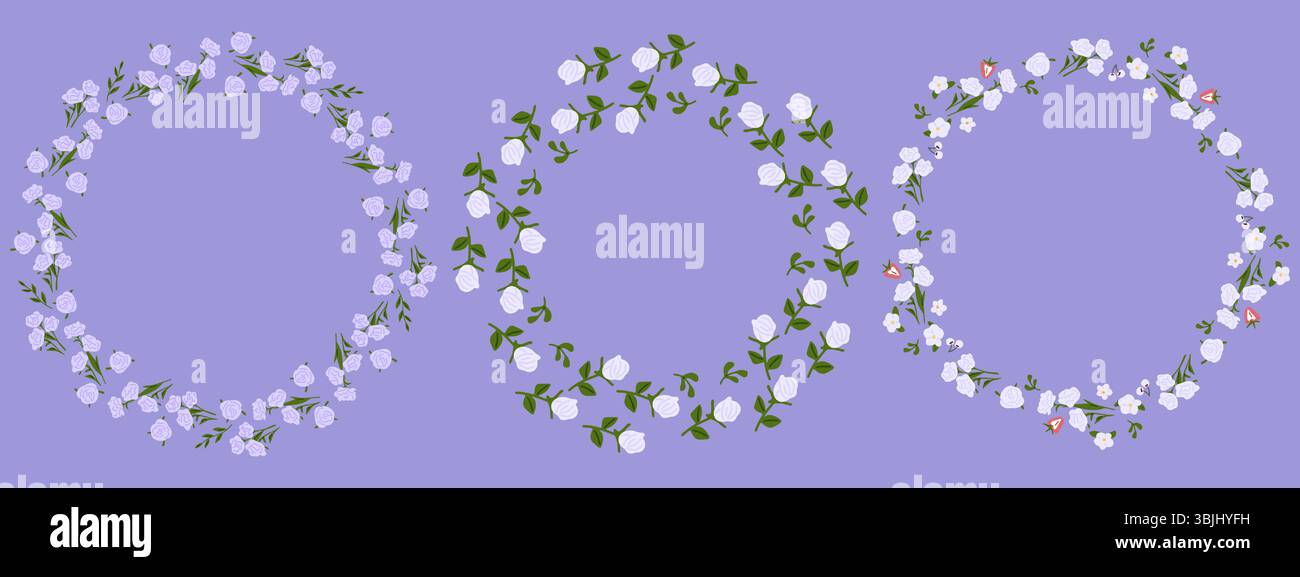 Set di tre corone floreali di rose lilliche pallide e foglie verdi con frutti di bosco e fiori aggiuntivi. Stile cartoni animati piatto su sfondo viola. Illustrazione Vettoriale