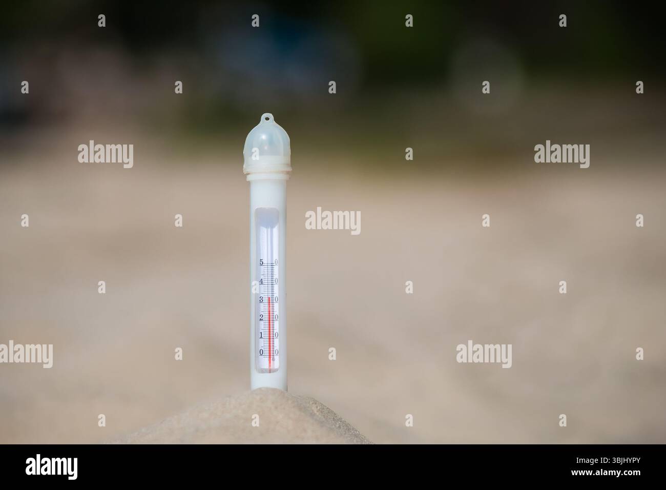 Un termometro che mostra 33 gradi Celsius bloccato nella sabbia su una spiaggia sabbiosa. Copia spazio. Sfondo. Foto Stock Un termometro che mostra 33 gradi Celsius bloccato nella sabbia su una spiaggia sabbiosa. Copia spazio. Sfondo. Foto Stock