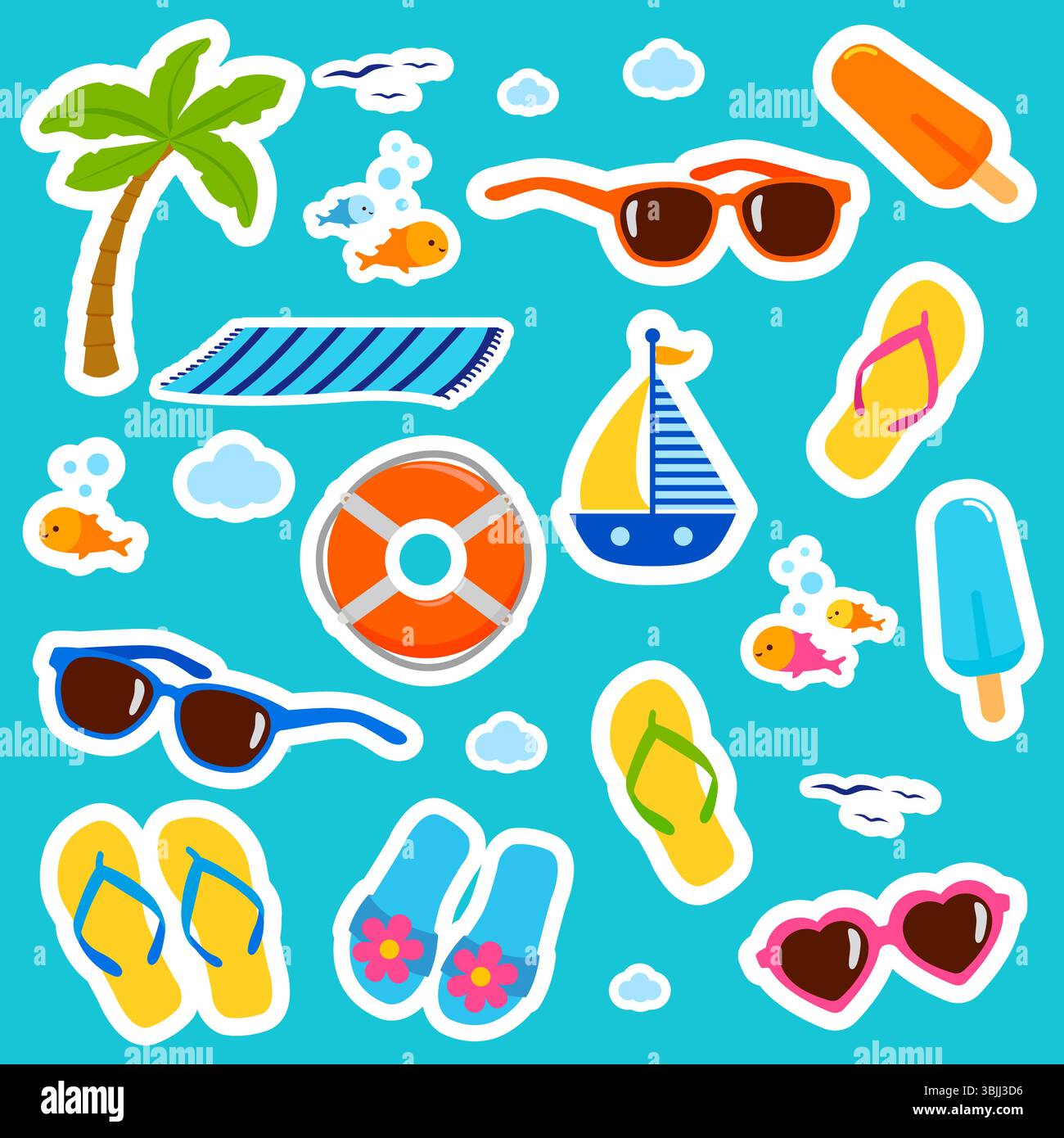 Set di fogli adesivi per gli oggetti delle vacanze estive al mare. Set di adesivi Happy per bambini su un'isola tropicale per le vacanze. Simpatico foglio di adesivi, agenda e album. Illustrazione Vettoriale