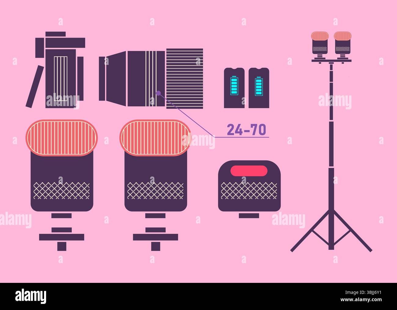 Elementi essenziali di un kit fotografico professionale con fotocamera, obiettivo, torce e accessori Illustrazione Vettoriale