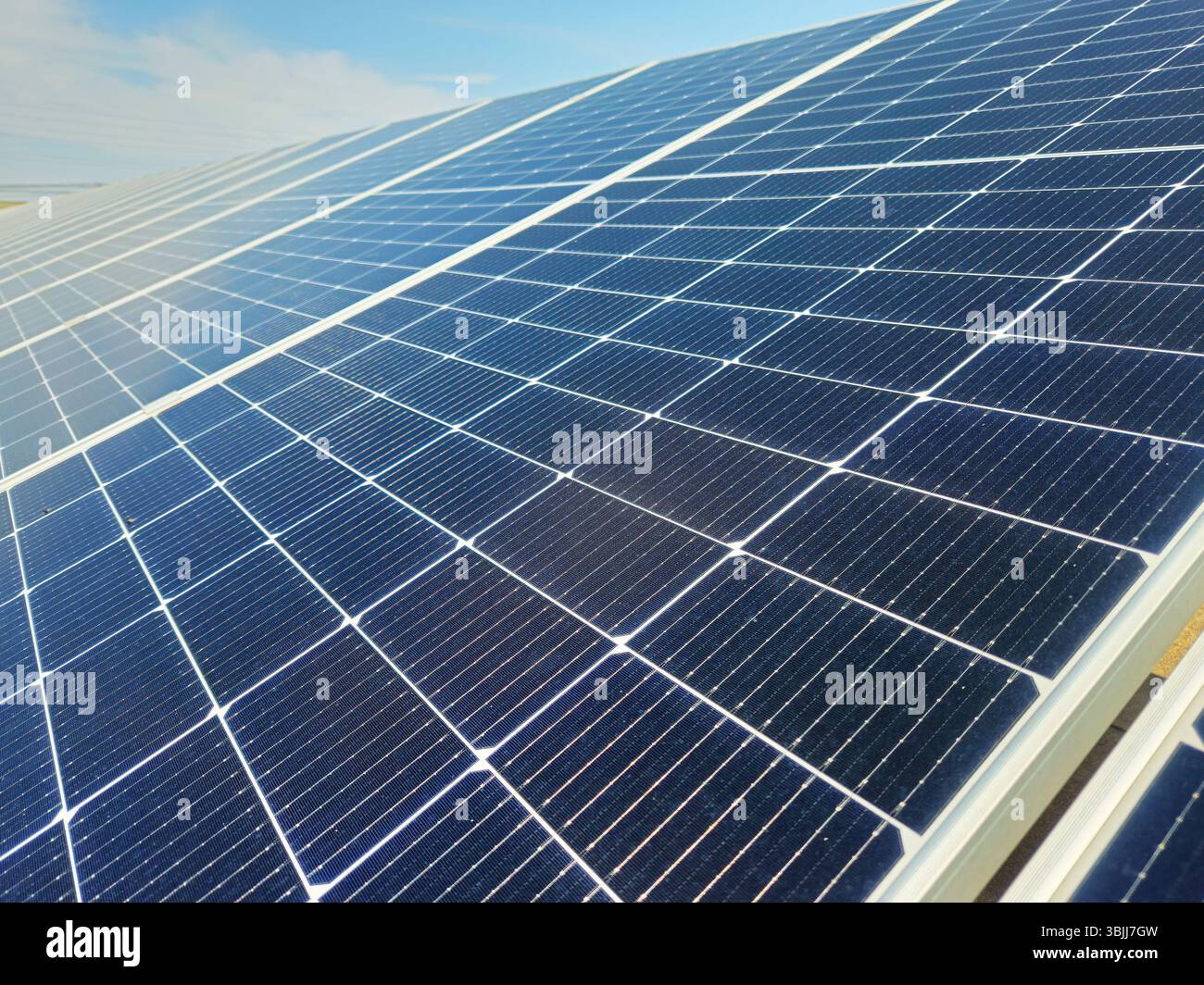 Array di pannelli solari per utility-scale, primo piano di moduli fotovoltaici monocristallini Foto Stock