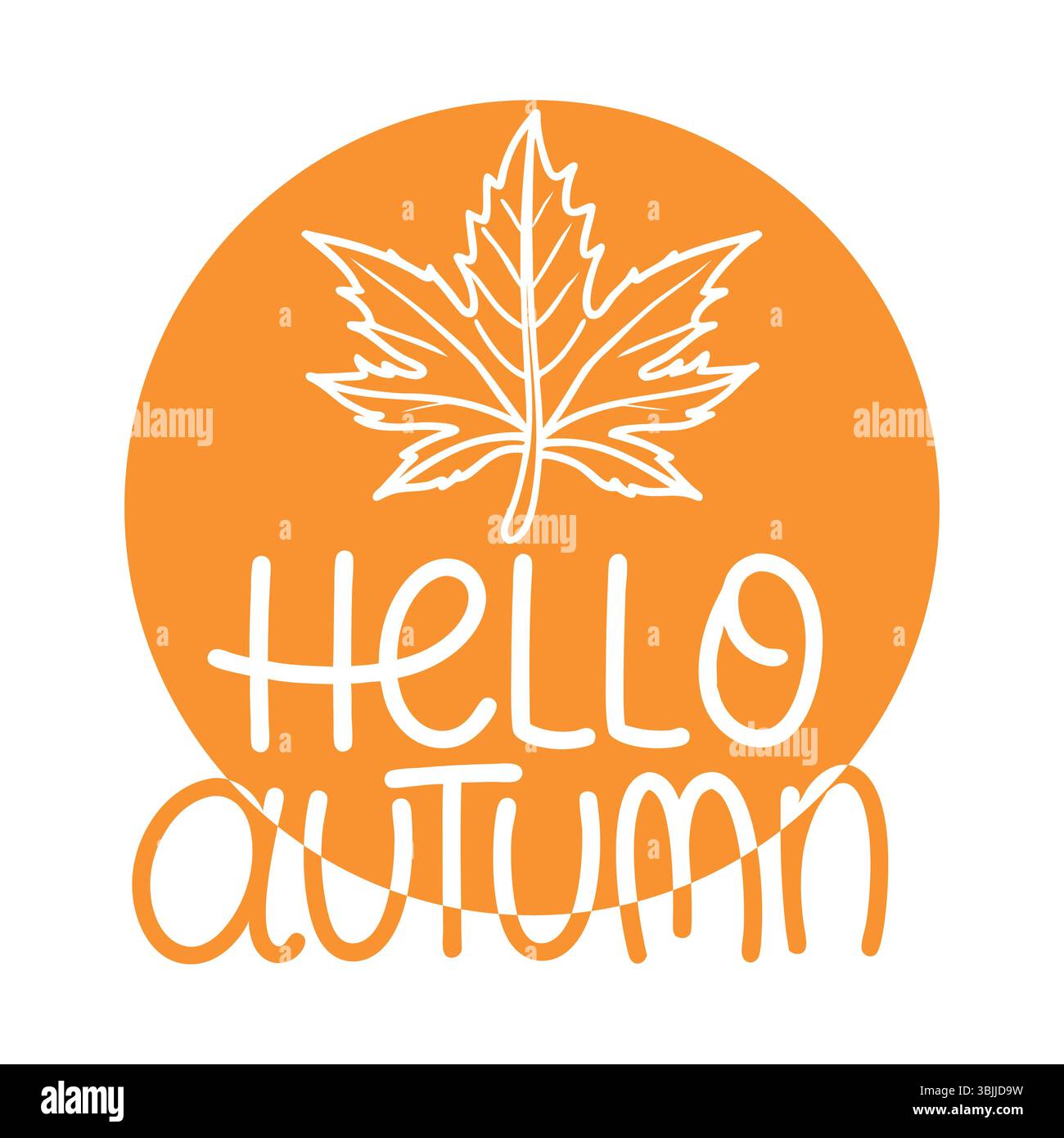 Design circolare con sfondo arancione con foglia d'acero stilizzata e il testo "Hello Autumn" in un carattere giocoso. Illustrazione Vettoriale
