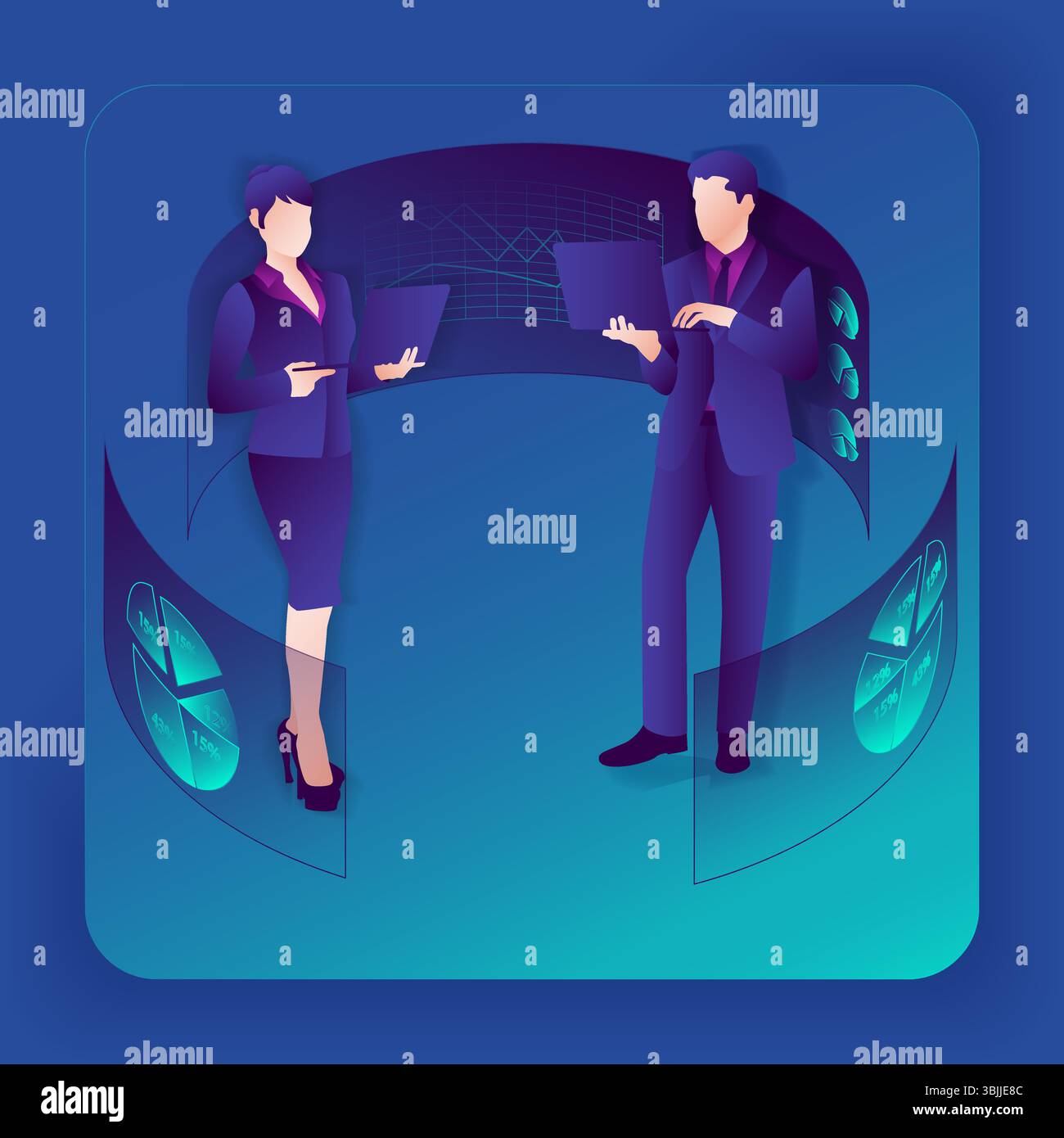 Ricerca di informazioni provenienti da report e sondaggi per identificare problemi o opportunità. Morfismo del vetro. Illustrazione vettoriale. Illustrazione Vettoriale