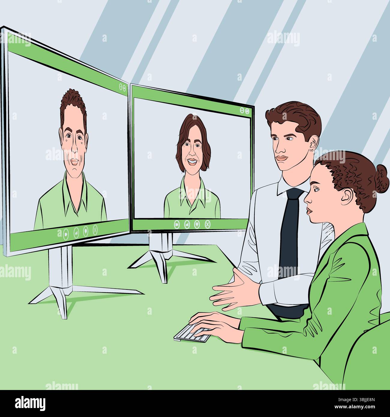 Videochiamata con gli stakeholder. Business talk, strategie di crescita e fiducia in ogni decisione. Illustrazione vettoriale. Illustrazione Vettoriale