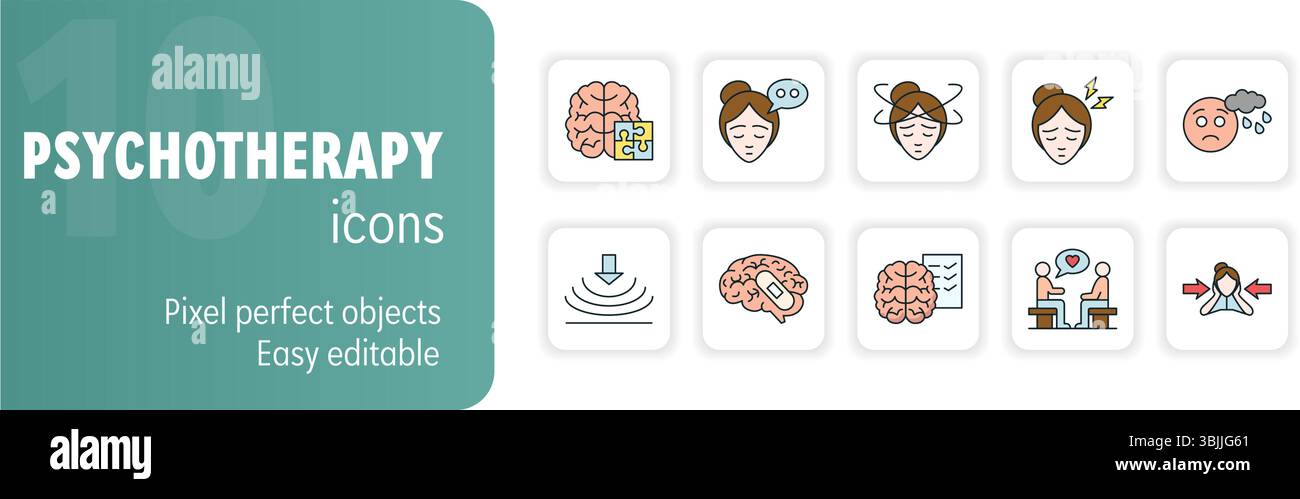 Set di icone di linea per il trattamento di psicoterapia, psicologia, disturbo di salute mentale. Traccia modificabile Illustrazione Vettoriale