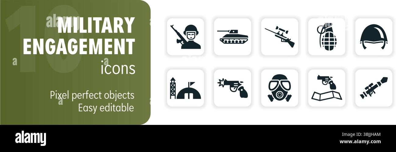 Set di icone di glifi di combattimento militari che rappresentano vari aspetti della guerra Illustrazione Vettoriale