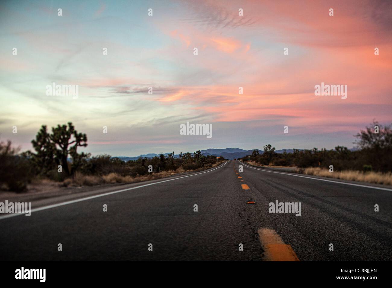 Lungo tratto di strada, angolo di tramonto basso Foto Stock