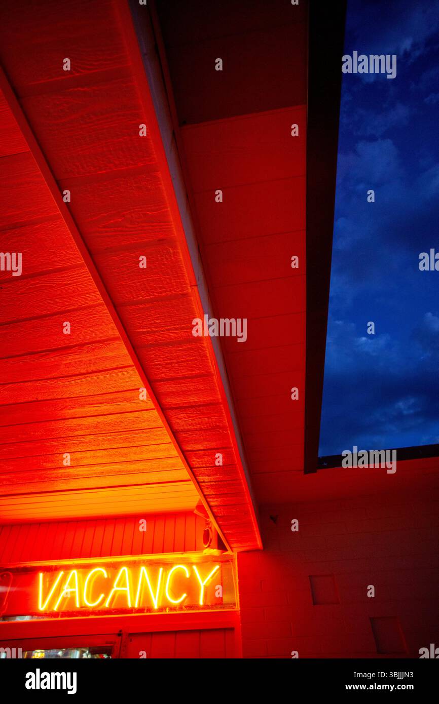 Luminoso segnale di posto vacante rosso neon sotto il cielo minaccioso verticale Foto Stock