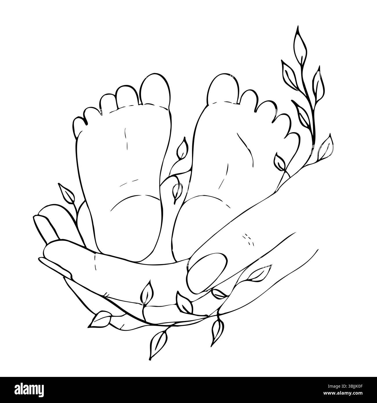 Illustrazione vettoriale. Genitore che tiene in mano i piedi del neonato. Contorno lineare dipinto a mano delicato ramoscello con foglie. Clipart grafico isolato Illustrazione Vettoriale